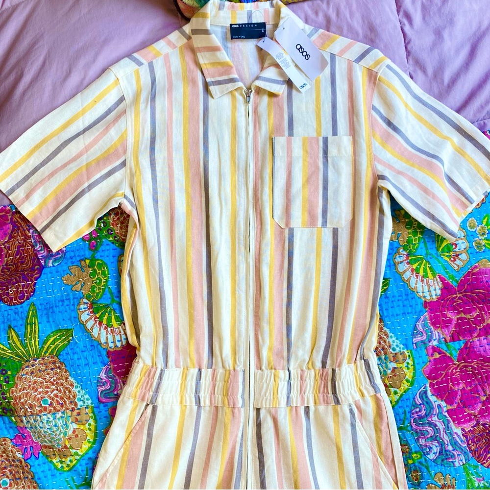 NWT ASOS Design Striped Short Sleeve Zip Up One Piece Romper - Picture 2 of 9